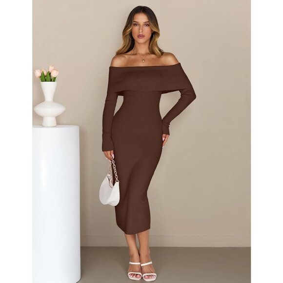 Women's Off Shoulder Bodycon Sweater Dress Long Sleeve Party Midi Dress Coffee - Picture 3 of 9